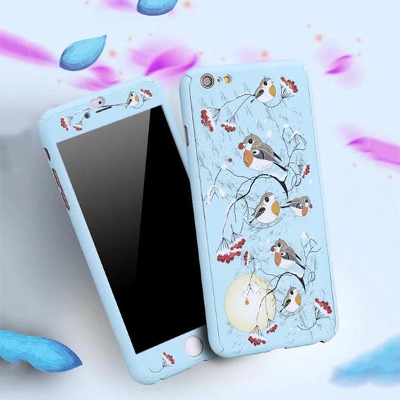 360 Degree Full Body Protector Phone Cases For iPhone 6 6s Plus Cover Fashion 3D Crystal Embossed Matte Flower Case + Glass Film